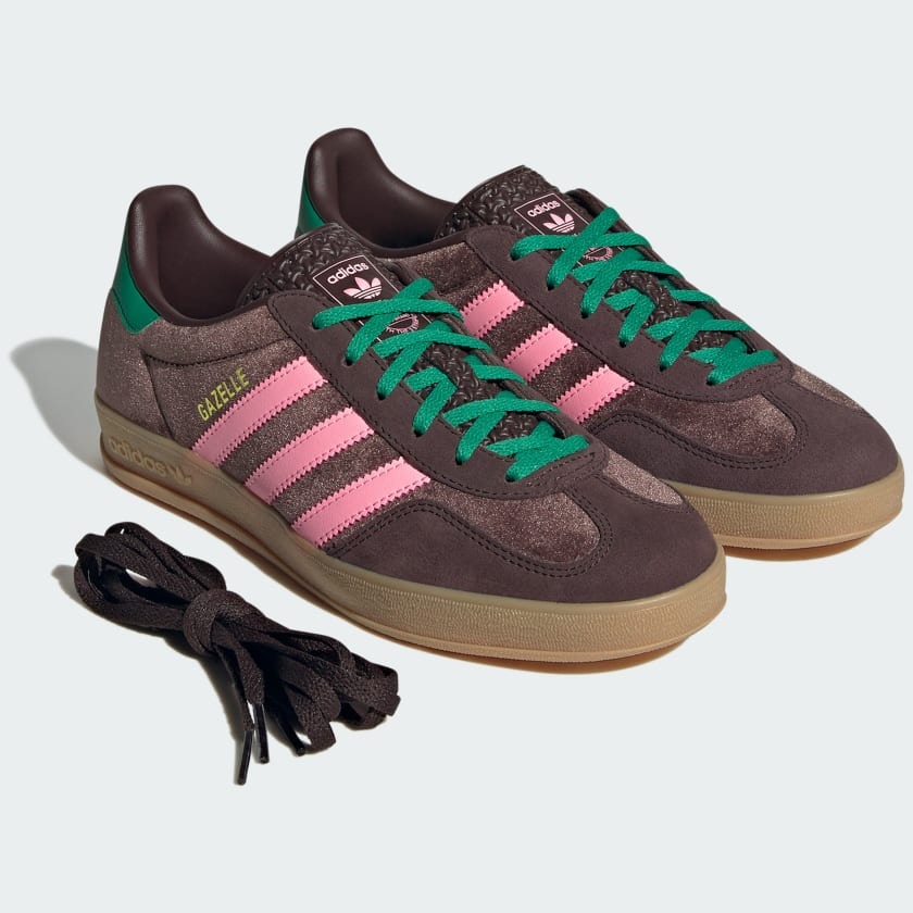 adidas gazelle silver green womens adidas Gazelle Indoor Shoes - Women's - Dark Brown / Glow Pink / Court Green main image 1