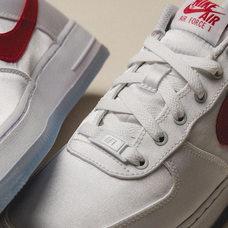 Womens Nike Air Force 1 07 ESS Satin White Varsity Red DX6541-100